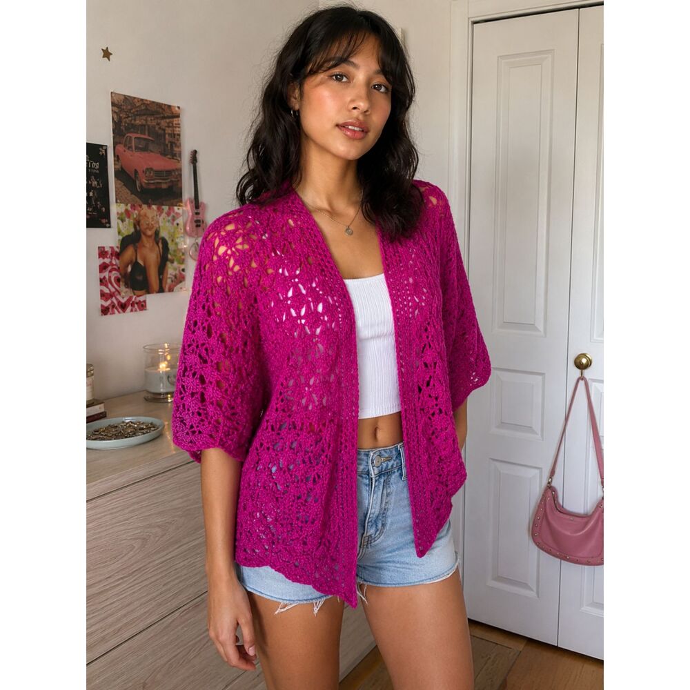 Vintage Y2K Crochet Knit Pink Open Cardigan Sweater Swim Lightweight Cover